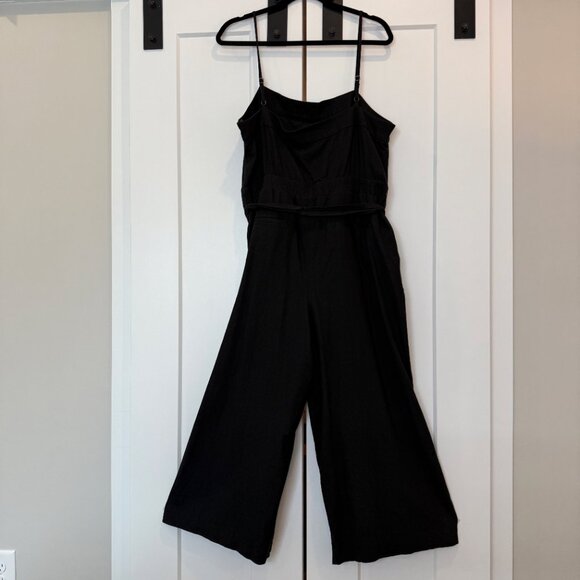J.Crew Factory Women’s 16 Linen Blend Jumpsuit Black Cropped Wide Leg Belted - Picture 3 of 15
